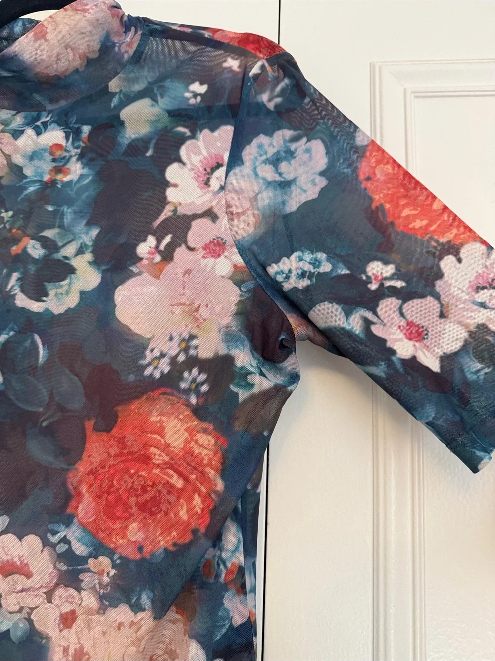 Anthropologie Navy Floral Sheer Mock Neck Tee with Coral Blooms - Picture 4 of 5